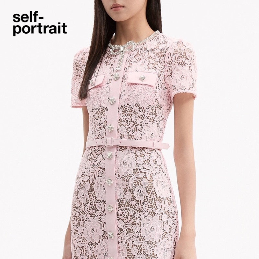 Self-Portrait PINK LACE DIAMANTE BOW MIDI DRESS Size 8 NWT. - Picture 2 of 7